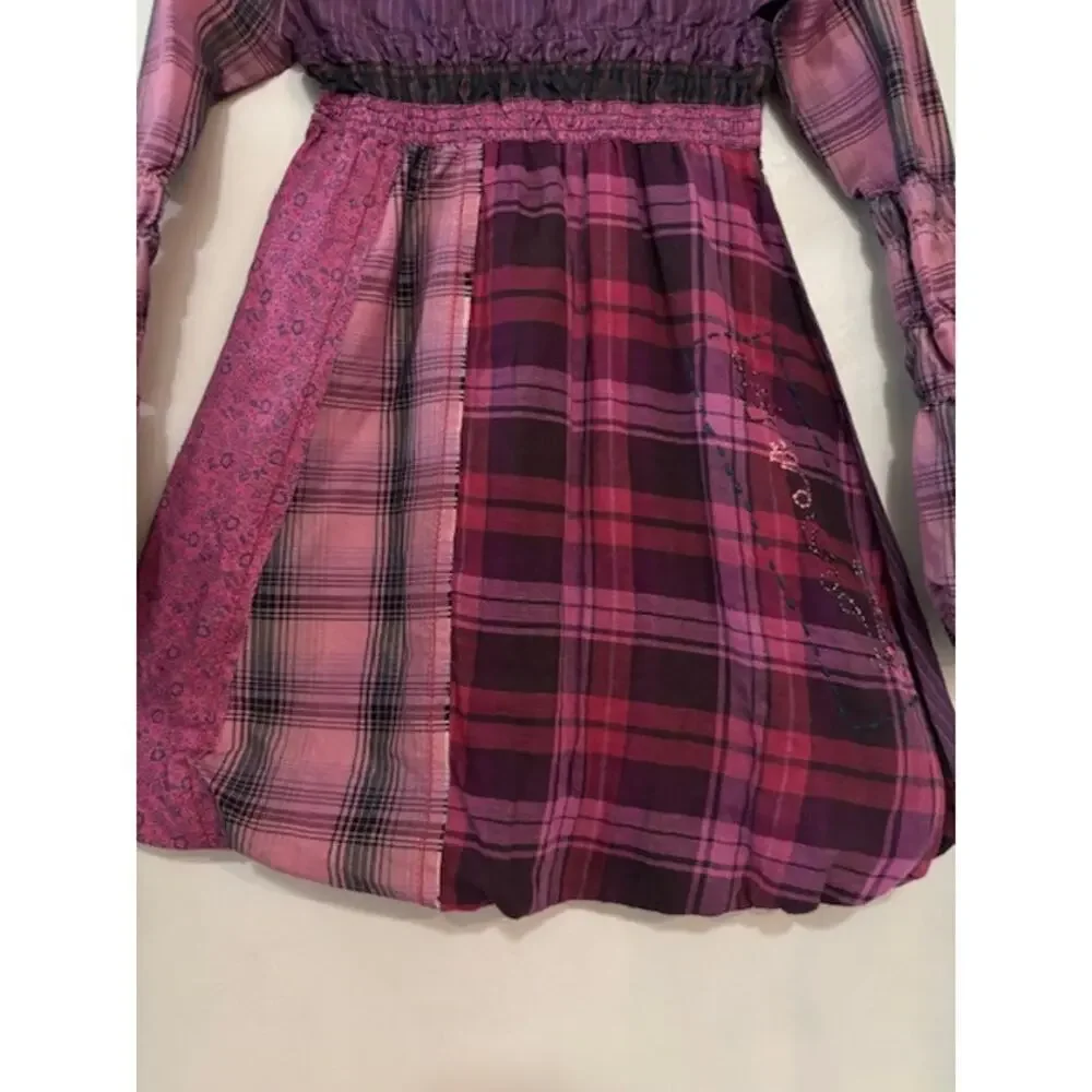 Desigual Patchwork Dress Girls Size 9 - 10 Plaid Bubble Hem Long Sleeve Boho